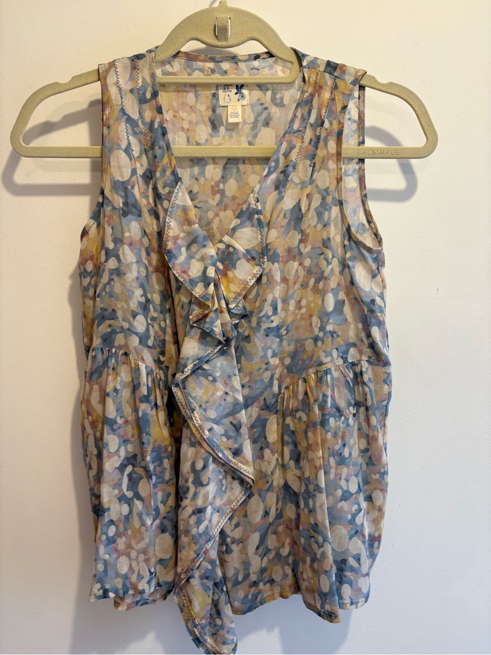 Sleeveless Ruffle V-Neck Blouse — Blue Multi Print